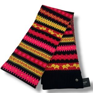 Kate Spade New York Wool Blend Knit Scarf Black Pink Yellow Elephant Pattern NWT